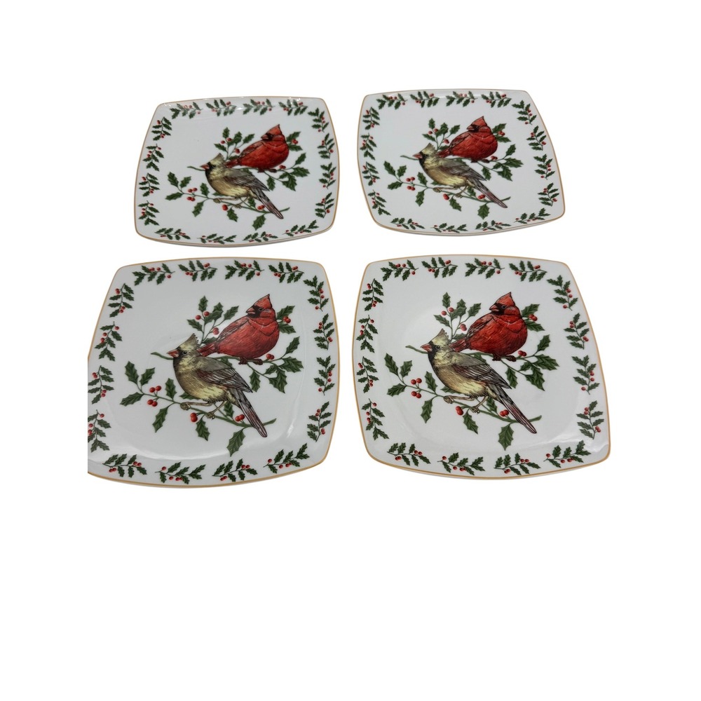 Living Quarters Christmas Cardinal Holly Square Appetizer Plates Set of 4 8in
